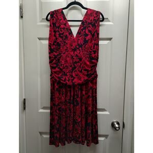 Peter Nygard Size 16 Red Black Leaf V-Neck Sleeveless Stretch Blouson Midi Dress